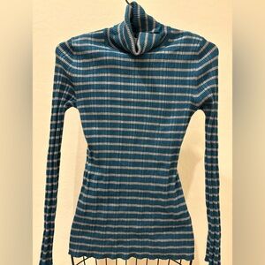Striped Turtleneck Sweater - Teal and Gray